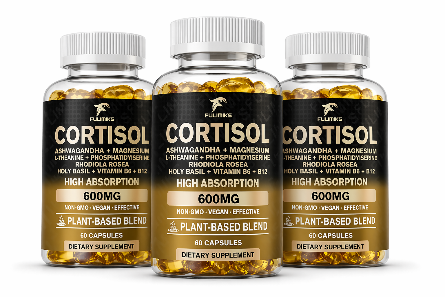3 premium Cortisol™ bottles displayed together, showcasing a clean, powerful supplement designed to support stress balance, mental clarity, and daily energy