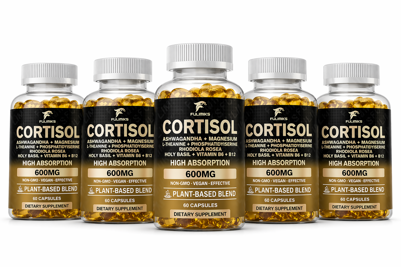 Five premium Cortisol™ bottles displayed together, showcasing a clean, powerful supplement designed to support stress balance, mental clarity, and daily energy